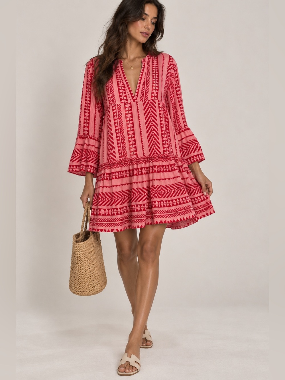 Lulla Collection Pink Red Geometric Cotton Boho Tunic Dress O/S